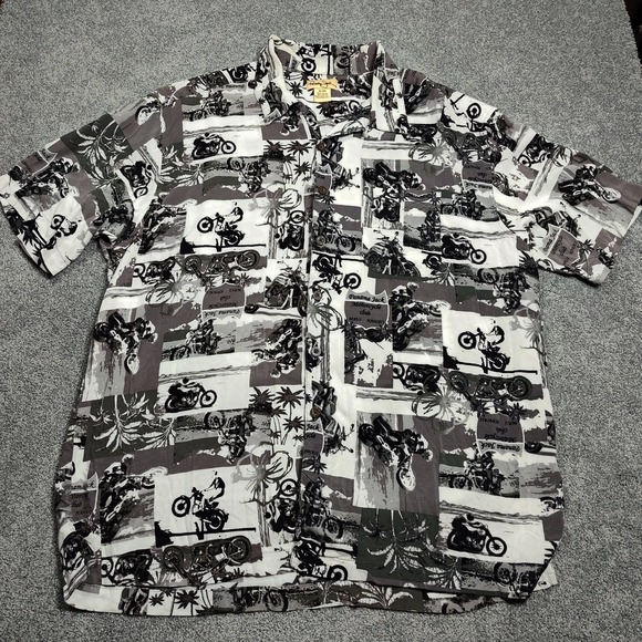 Panama Jack Shirt Mens XL Motorcycle Club Palm Tree Hawaiian Rayon Gray Casual - Picture 1 of 10